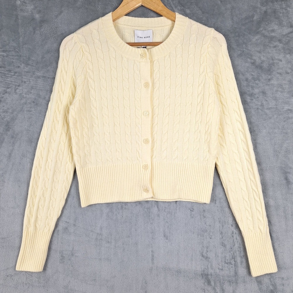 Cable Knit Coquette Cardigan Womens Medium Butter Yellow Cottage Cropped Preppy